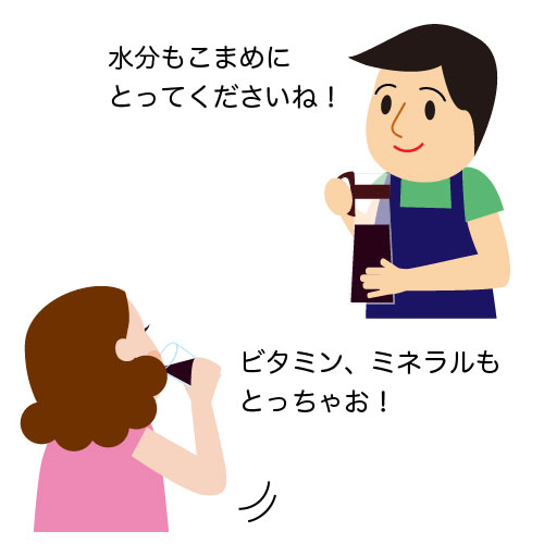 水分補給を進める食育さんとプルーンドリンクを飲むミキさん